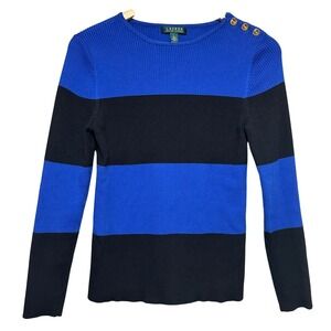 Lauren Ralph Lauren Women Ribbed Crew Sweater Size L* Blue Black Striped Preppy